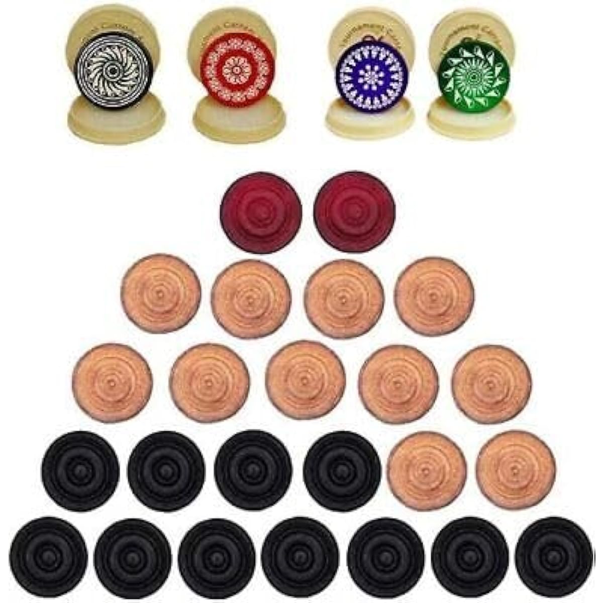 Carrom Board Wooden & Acrylic Coins and Strikers Set 24 Coins 2 Strikers (24 Wooden Coins + 2 Strikers)