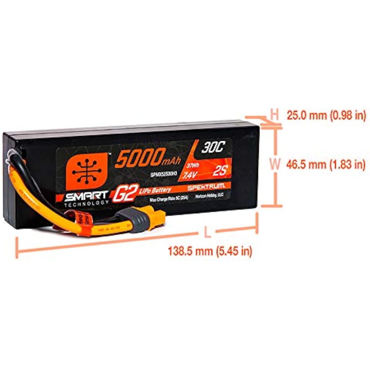 Spektrum 7.4V 5000mAh 2S 30C Smart LiPo G2 Hard Case IC3, SPMX52S30H3