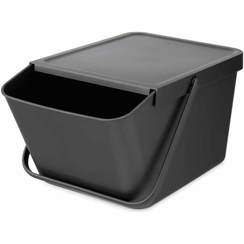 Brabantia Trash Can with Lid Manual 20L Width 28 x Depth 45 x Height 22.5cm Made in Belgium Sort & Go Stackable Recycling Bin Dark Gray 277726
