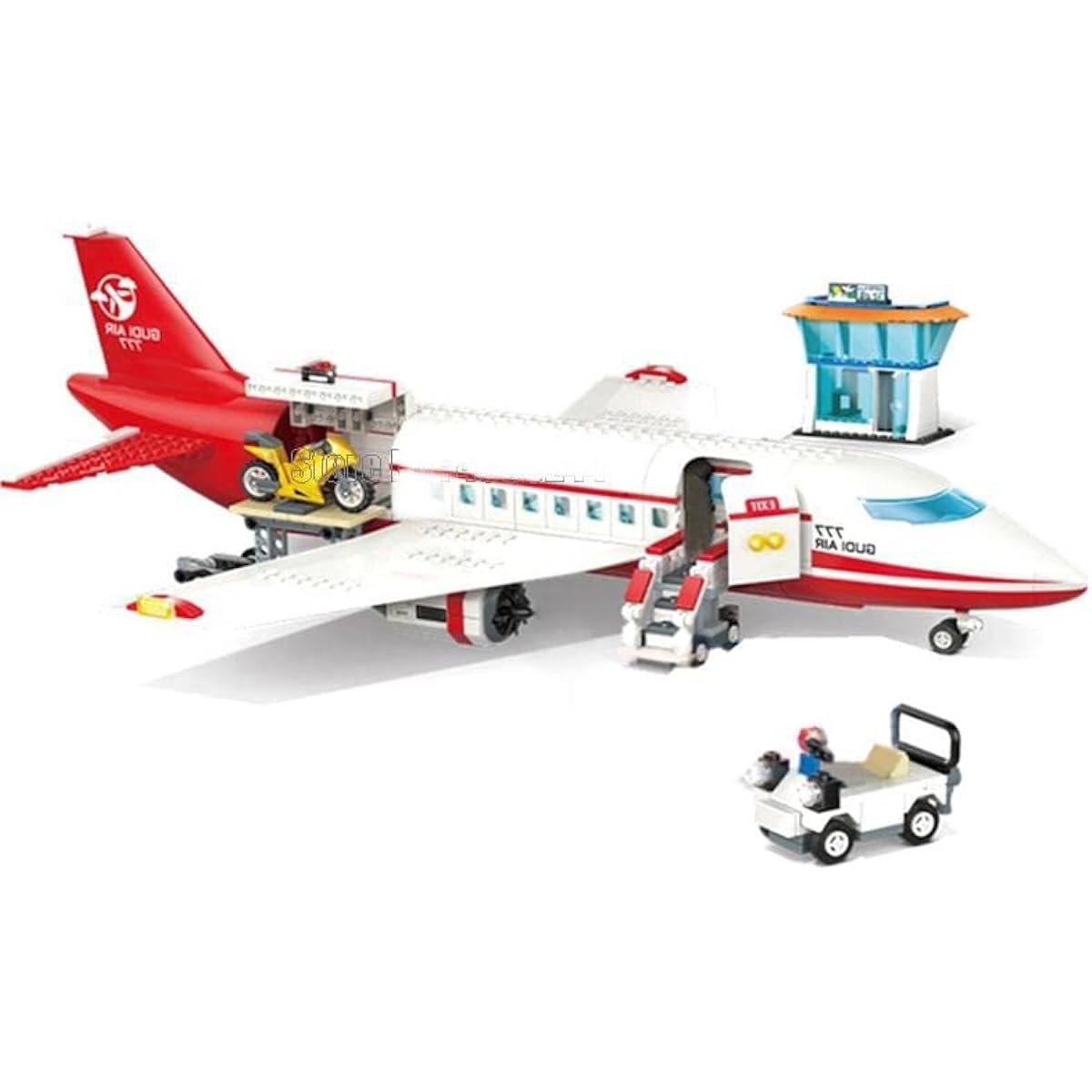 General Jim's White and Red Airliner 720 Piece Modular Building Blocks Block Toy Playset with Control Tower, Service Vehicle and Motorcycle for Teens and Adults