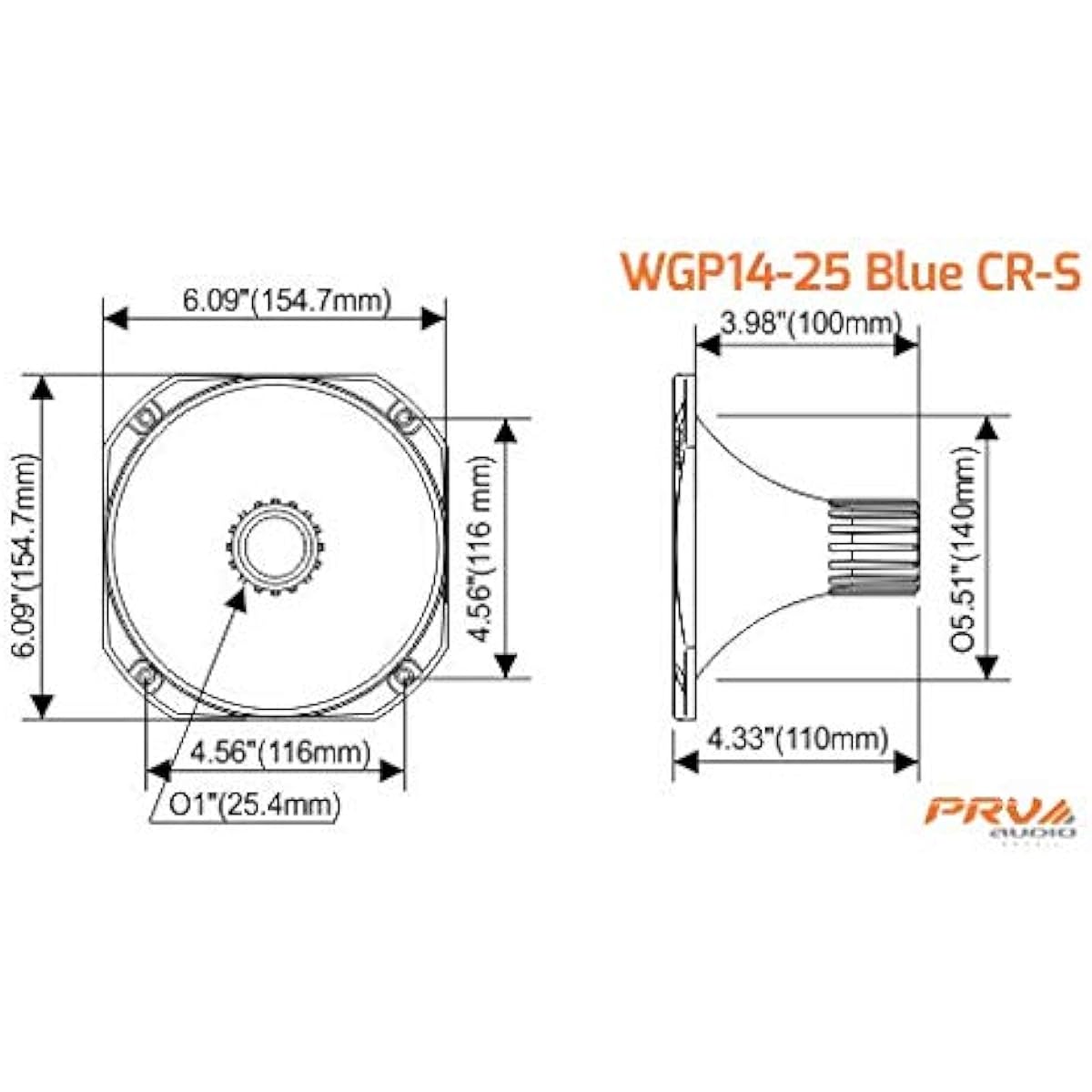 PRV AUDIO WGP14-25 BLUE CR-S - 1" Exit Horn Threaded Waveguide - Blue Chrome Short ABS Waveguide - 45° x 45° Nominal Coverage - Slim Profile Wave Tube (Single)