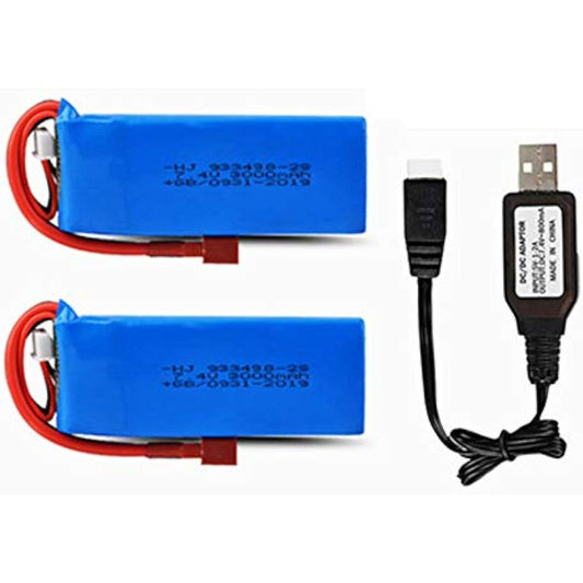 7.4V 3000mAh Lipo Battery T Plug WLTOYS 144001 1/14 RC Car Upgrade Parts 2 Pack with USB Charger