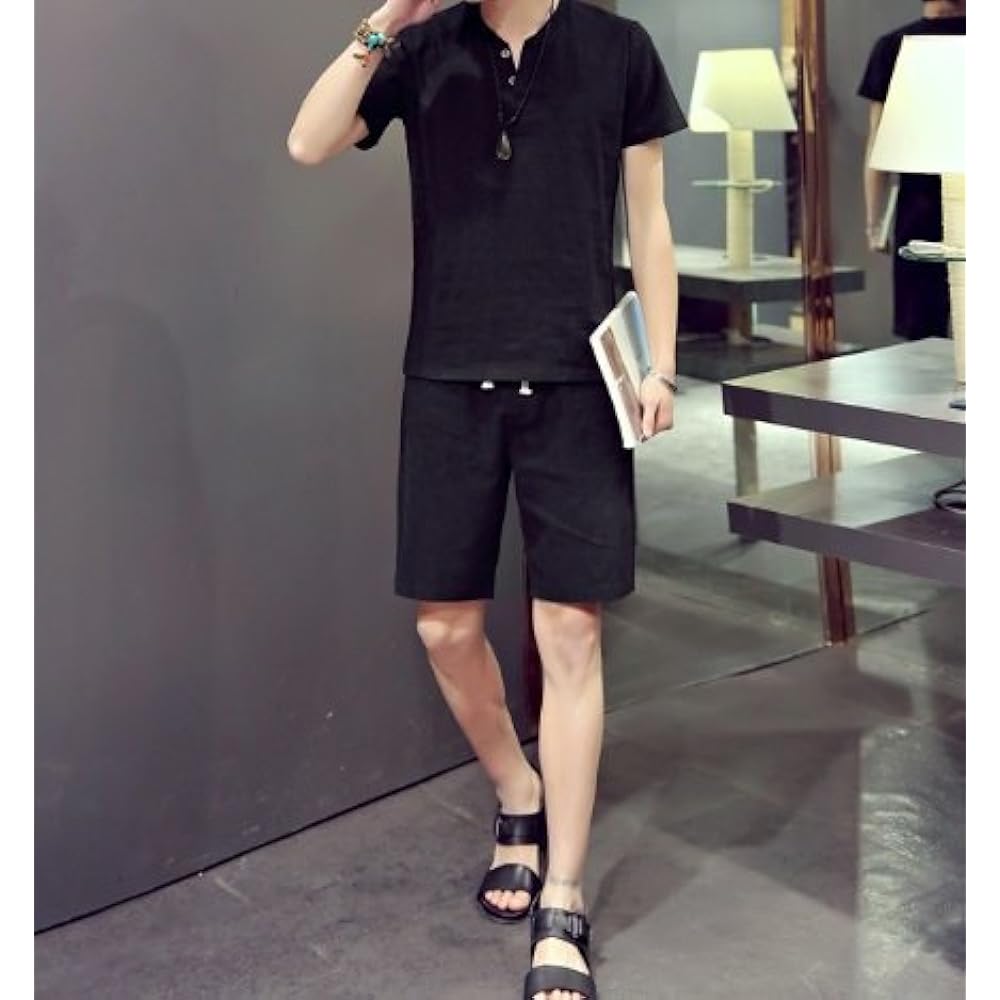 [α-HOOP] Men's T-shirt, short sleeve top, half shorts, top and bottom set up, plain pattern, loungewear PP-33