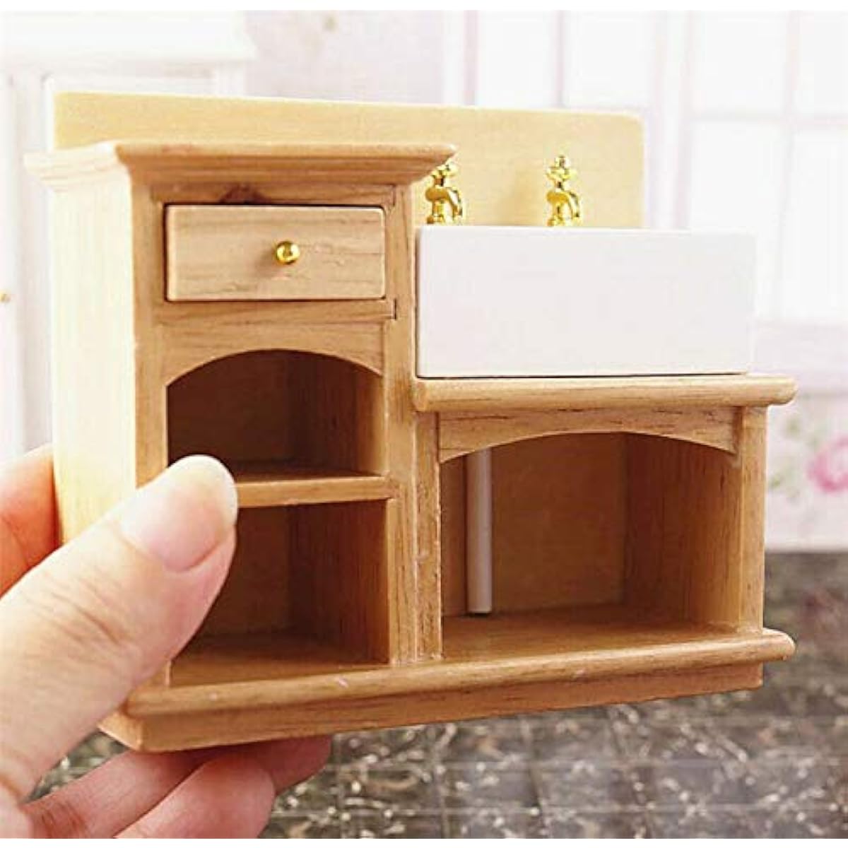 EatingBiting Dollhouse Bathroom Kitchen Decorative Sink 1/12 Wooden Basin Cabinet with Ceramic Hand Sink Dollhouse Bathroom Kitchen Decorative Accessories