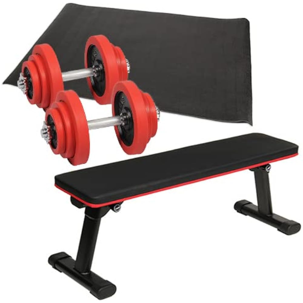 [Leading Edge] Dumbbell Training 4 Piece Set C Red Folding Flat Bench Rubber Dumbbell Set of 2 Protective Mat