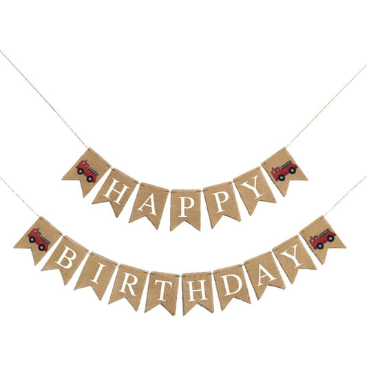 Amosfun Fire Truck Happy Birthday Burlap Banner Firefighter Fireman Party Theme Decorations