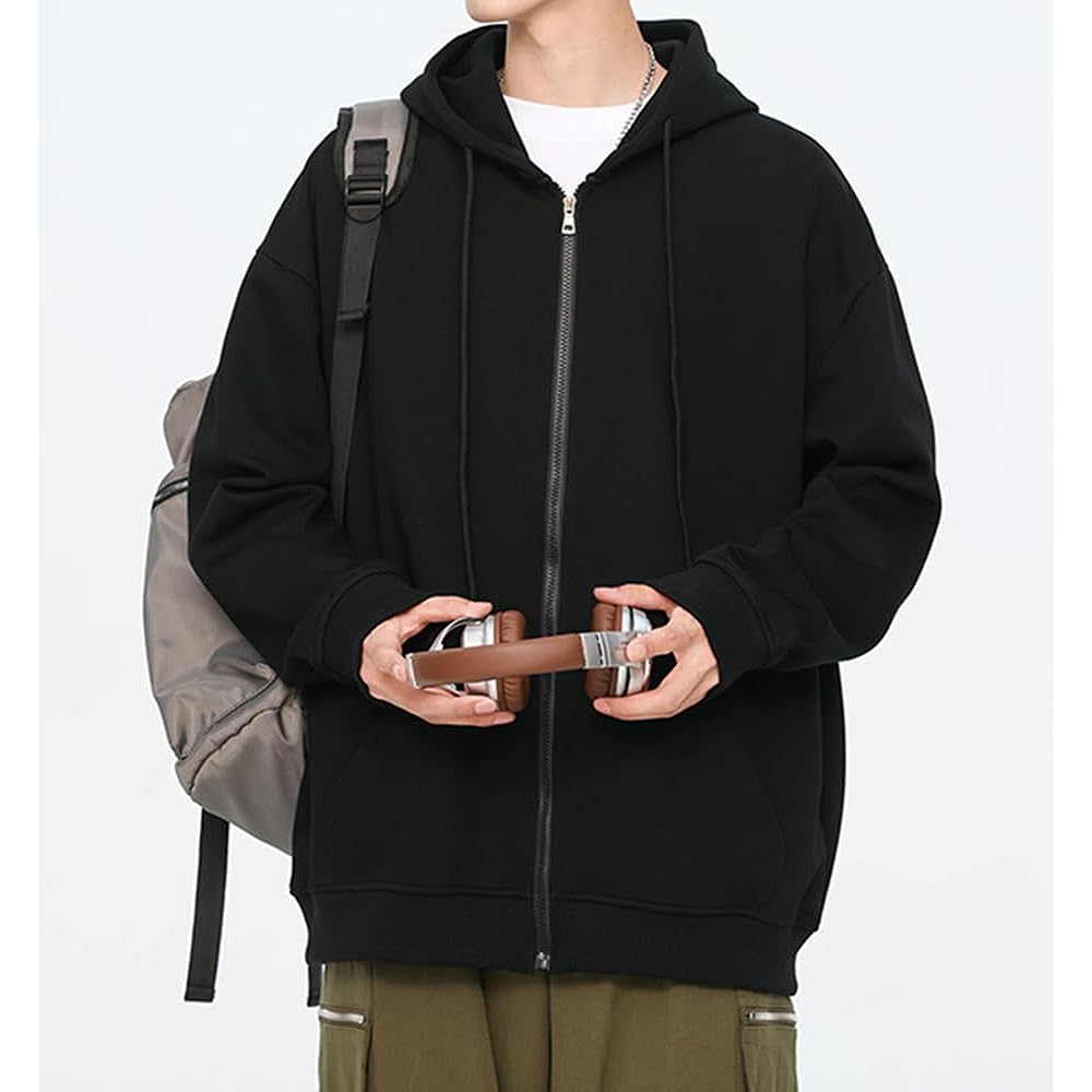 [Inkpoo] Men's Autumn Clothes, Parka, Long Sleeve, Hooded Cardigan, Unisex, Zip-up Sweat Tops, Pullover, Plain, Casual, Loose, Stylish, Popular, Simple, Spring, Autumn, Winter Clothes