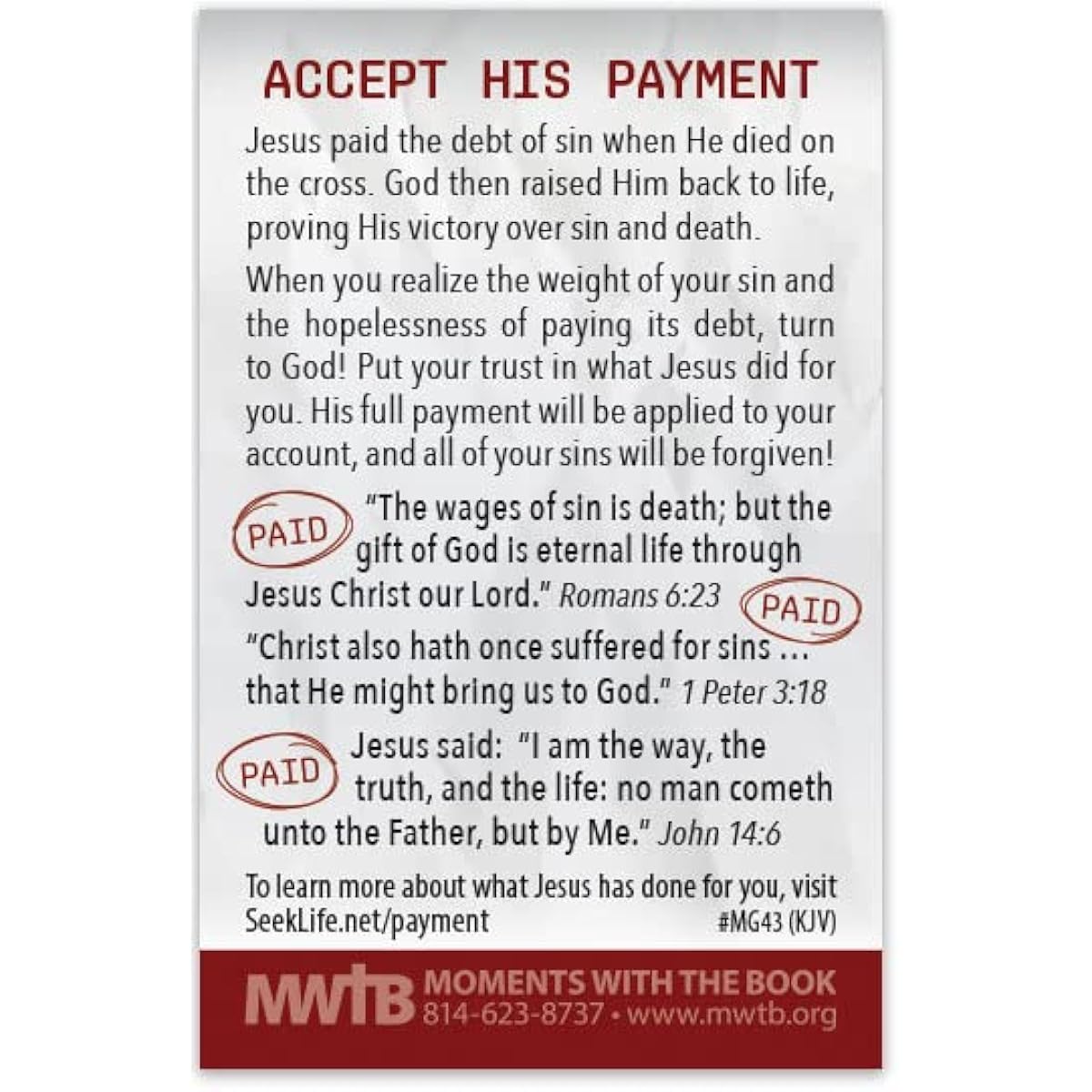 Moments With The Book Jesus Paid It All (Mini Gospel Tract Cards - Pack of 100 - KJV)F