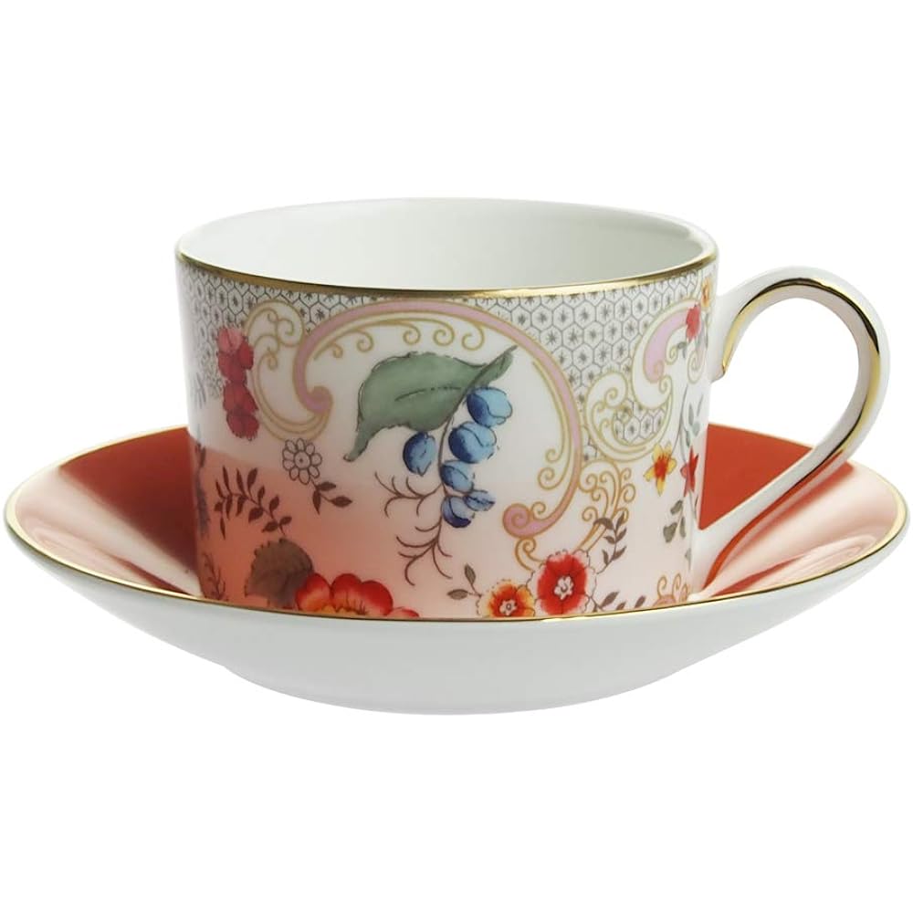 Wedgwood Wanderlust Rococo Flowers Tea Cup Saucer, Pink [Parallel Import]