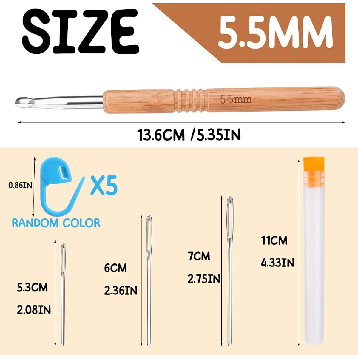 5.5mm Crochet Hook with Wooden Handle, Crochet Hook with 5.5mm Metal Hook, 3 Large Blunt Sewing Needles, 5 Markers, 1 Storage Bottle, for Crochet Dolls, Scarves, Pillows, etc.