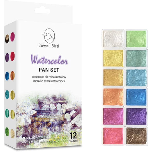 Bower Bird Metallic Watercolor Paint Set, Glitter Watercolor Paint Single Color Set of 12 Vibrant Colors in Half Pans, Perfect for Art and Mixed Media Projects