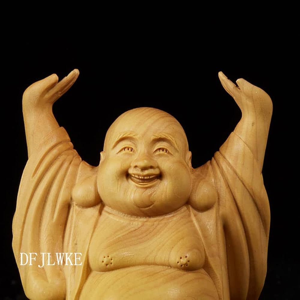 Buddha Statue, Cute, Hotei-like Ornament, Amulet, Examination, Wooden Carved Buddha Statue, Luxury Boxwood Wood Carving, Money Luck Amulet (Height 9.6cm x Width 6.5cm x Depth 4.6cm)