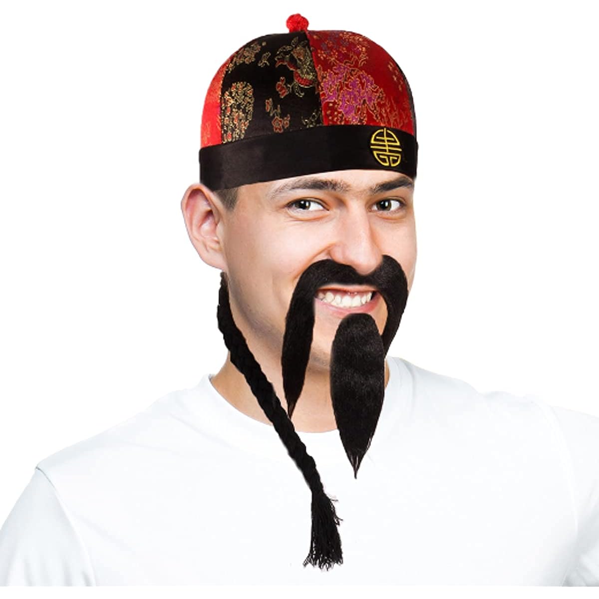 Tigerdoe Chinese Hat - Oriental Hat - Chinese Costume with Chinese Braids & Beard - Traditional Mandarin Hat - Samurai Hat - 3 Piece