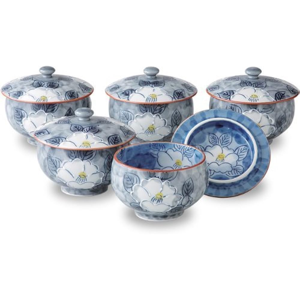 Stylish teacup: Arita ware hand-painted colored sasanqua flower set (sencha 5-piece set with lid) Japanese Cup set (Cup x5pcs) Porcelain/Size(cm) Φ10x8/No:740315