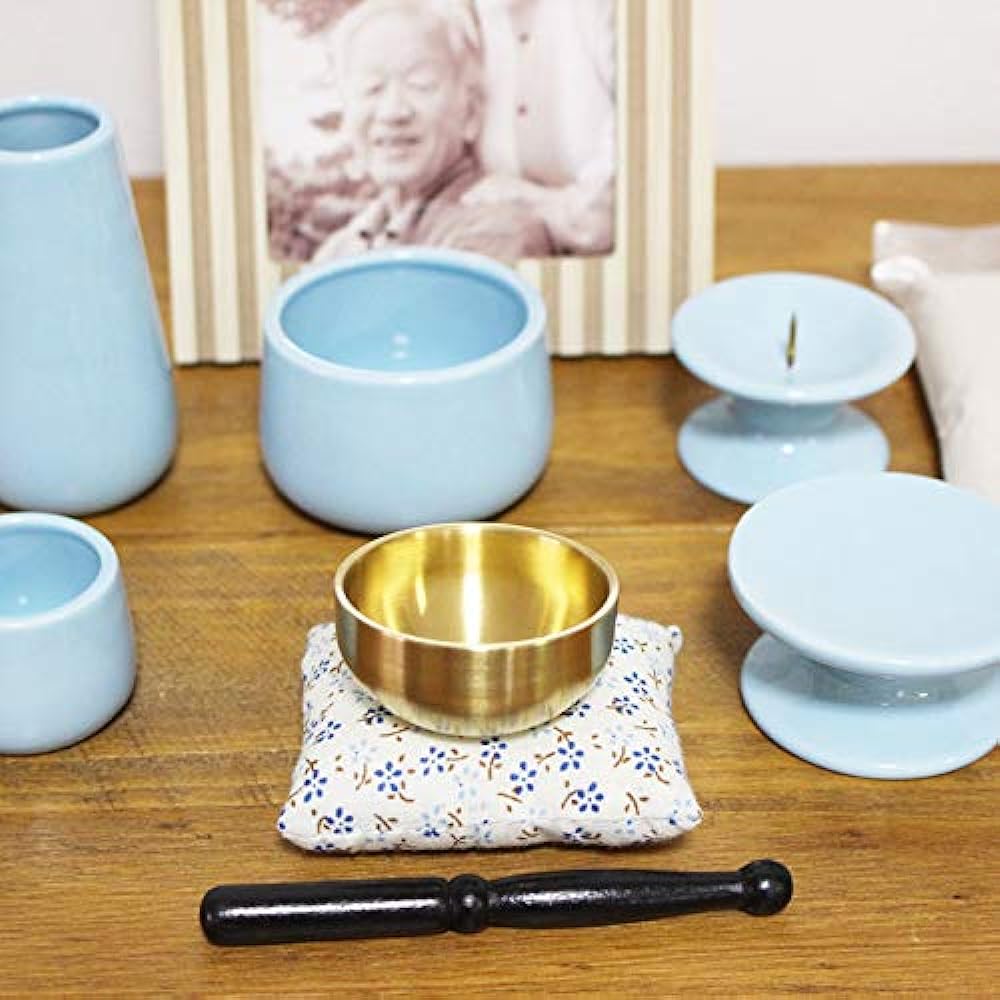 Mini Buddhist utensils 7-piece set, Korin, incense burner, incense burner ash, candle holder, vase, teacup, offering stand, blue