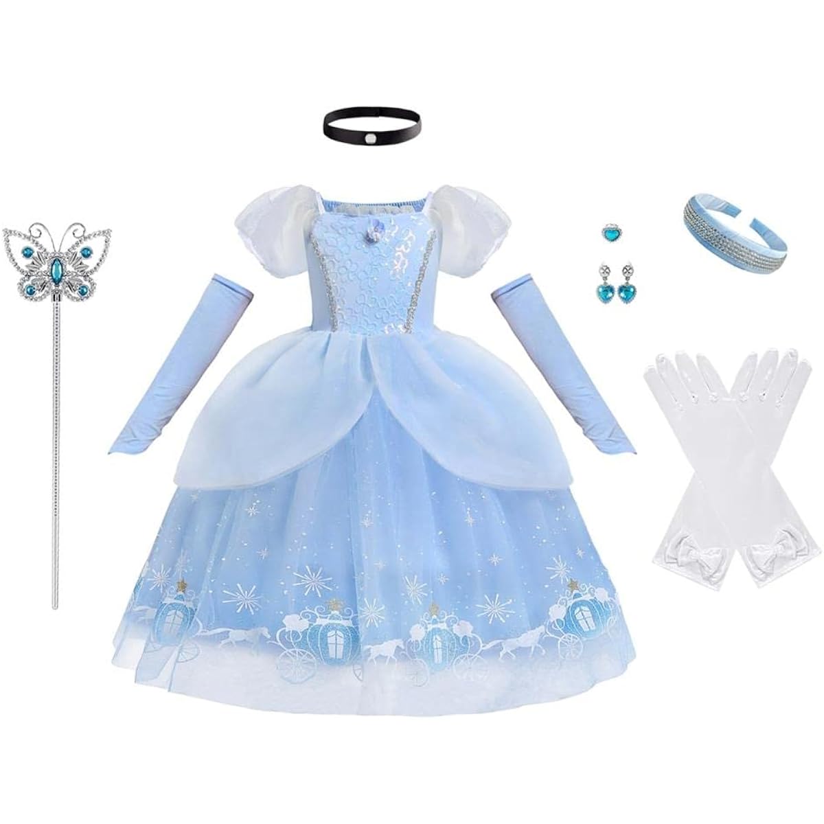 [Dressy Daisy] Princess Fancy Dress for Toddler Kids Girls Halloween Costume Pumpkin Car Birthday Party Outfit with Arm Mitts and Accessories Size 2-7 Years