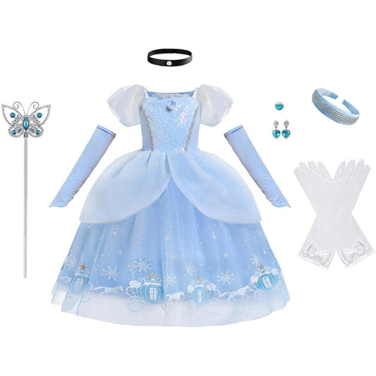 [Dressy Daisy] Princess Fancy Dress for Toddler Kids Girls Halloween Costume Pumpkin Car Birthday Party Outfit with Arm Mitts and Accessories Size 2-7 Years