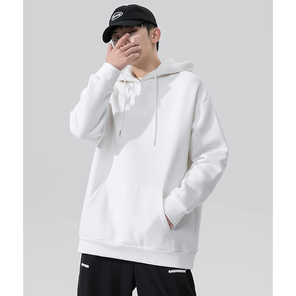 [EASTEMPO] Men's Hoodie, Long Sleeve, Autumn, Sweatshirt, Loose, Pullover Hoodie, Stylish, Plain, For Commuting to Work or School, Large Size (White, XL)