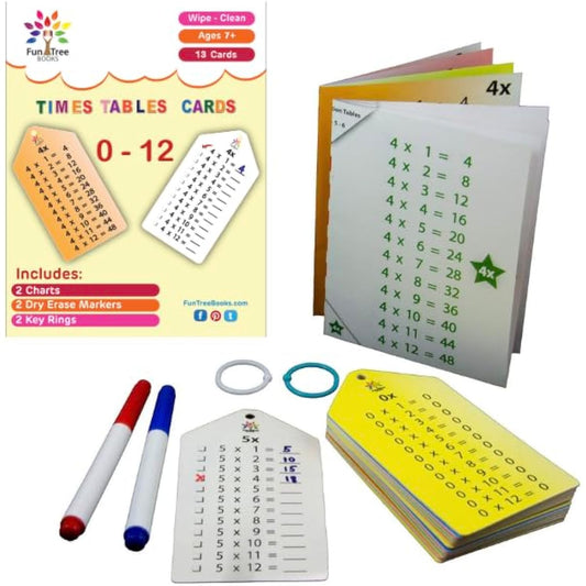 10 Pack - Multiplication Flash Cards (0-12) with 2 Wipe Clean Keyrings, 2 Markers and 2 Multiplication Fact Charts or Posters