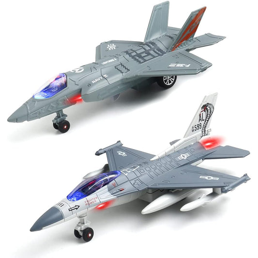 Fighter Jet Toy - 2 Pack Diecast Airplane Toys for Kids F16 F35 Model Plane Toys for Boys with Lights & Sounds Gift Collection Decoration