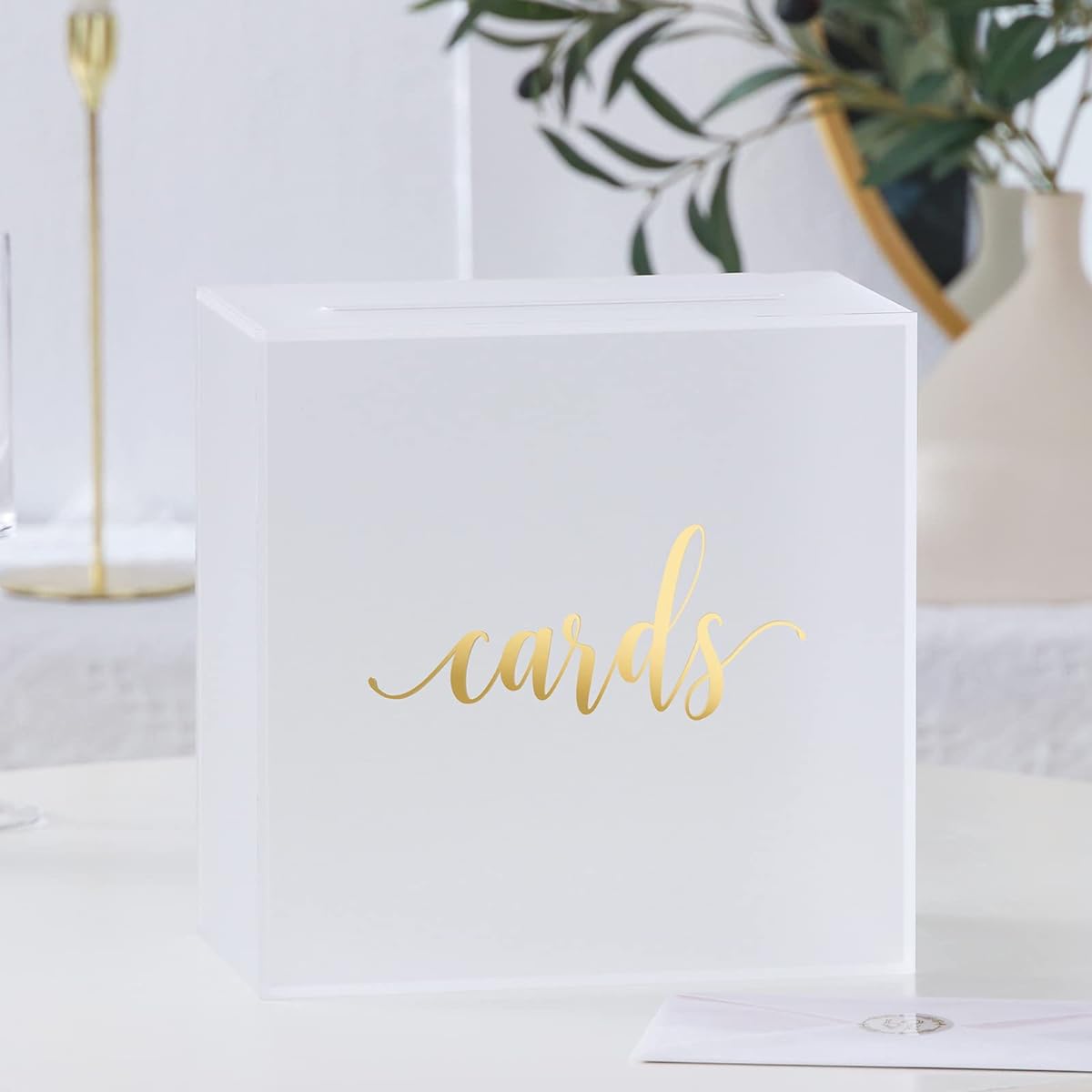 UNIQOOO Frosted Acrylic Wedding Card Box with Slots, Large 10 x 10 x 5.5 Inches with Gold Foil | Wedding Reception, Goodwill, Gold Box, Birthday, Memory Box