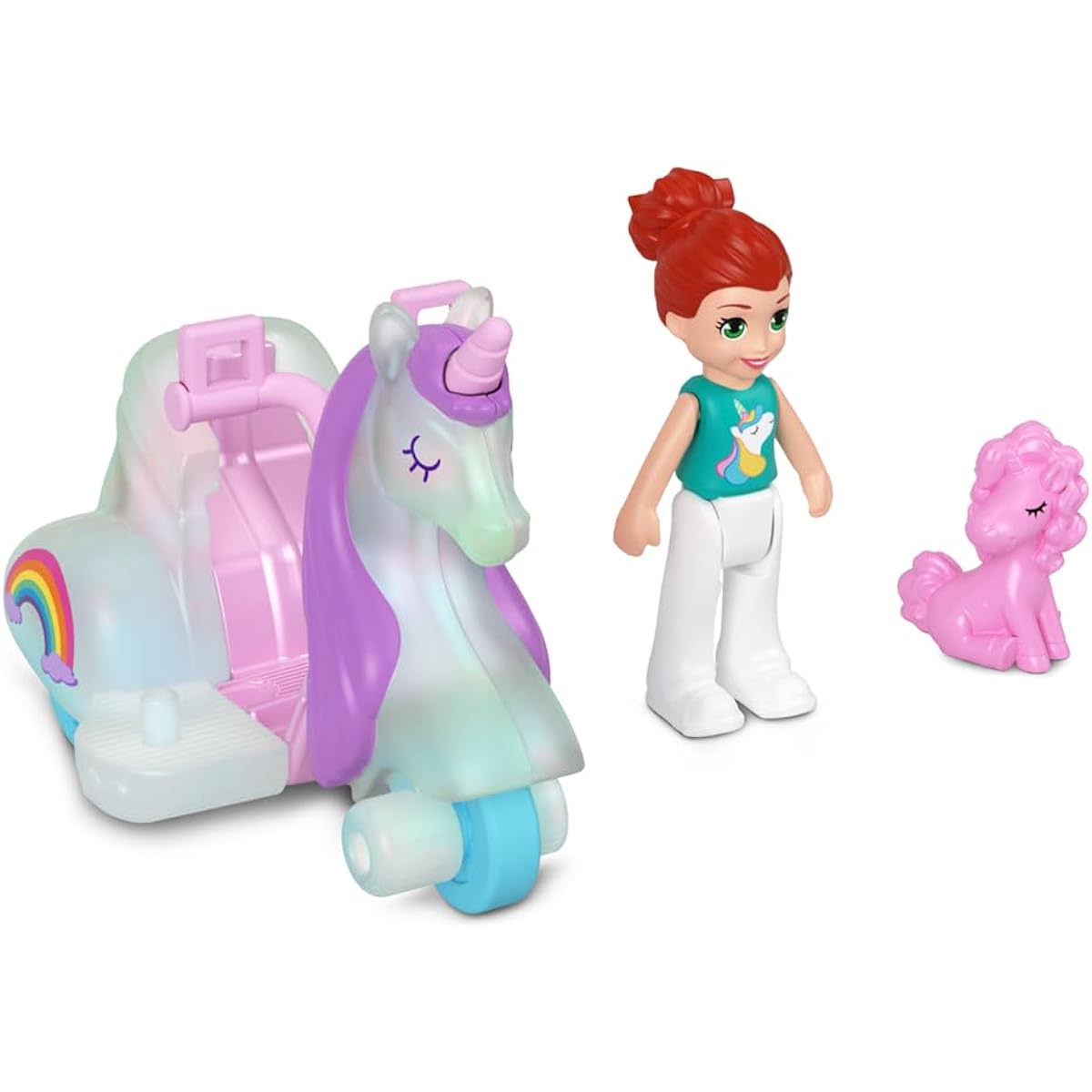 Mattel Polly Pocket Collectible Micro Mini Metal Vehicles, Poseable Dolls and Pets Set - Lila Unicorn Unicorn Scooter Car and Pink Unicorn Sidekick Playset, HMJ81, Teal, White, Pink, Purple, Blue.