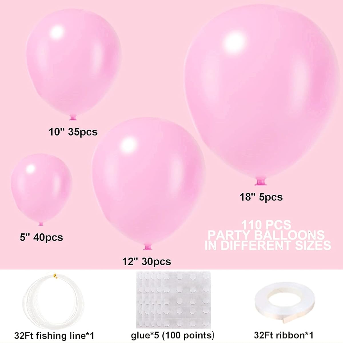Pastel Pink Balloons, 110pcs Baby Pink Balloons Garland Arch Kit, 5/10/12/18inch Latex Pink Balloons for Gender Reveal, Baby Shower, Birthday, Wedding, Valentine's Day, Party Decorations
