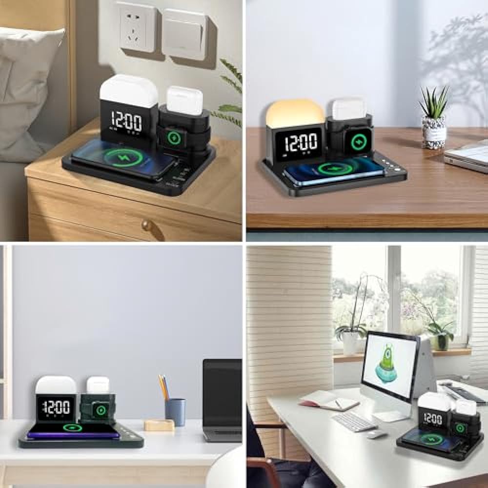 Wireless charger stand 3 in 1, 15W rapid charging, built-in clock, alarm clock light, 3-color LED desk lamp, compatible with iPhone, Apple Watch, AirPods, Samsung simultaneous charging, tabletop charging station, Apple watch charger, nursing light with c
