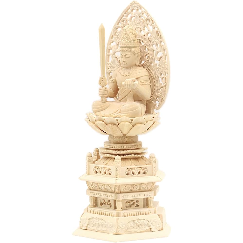 Kurita's special Buddha statue [Bodhisattva] Seated Manjusri Bodhisattva statue 2.5 dimensions (total height 29cm, width 13.5cm, depth 10cm) High quality wood carving made of cypress wood Grass light back hexagonal stand 8676