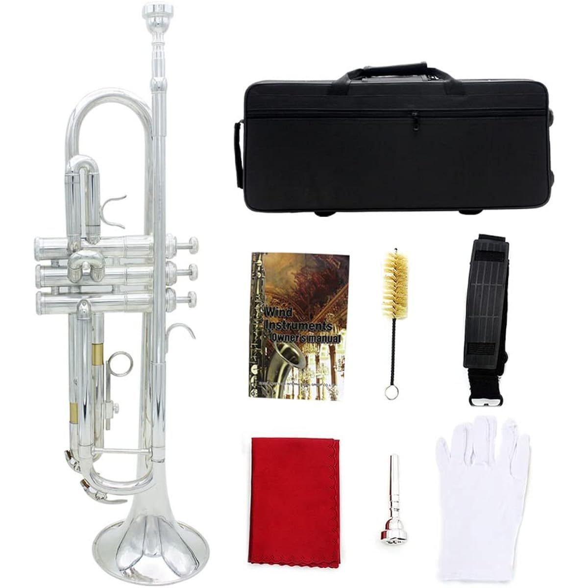 Trumpet Standard Bb Set with Hard Case, Cleaning Kit, Mouthpiece, Cloth and Gloves, Brass, Adults Playing Western Wind Instruments, For Beginner Kids & Adults (Color: Silver)