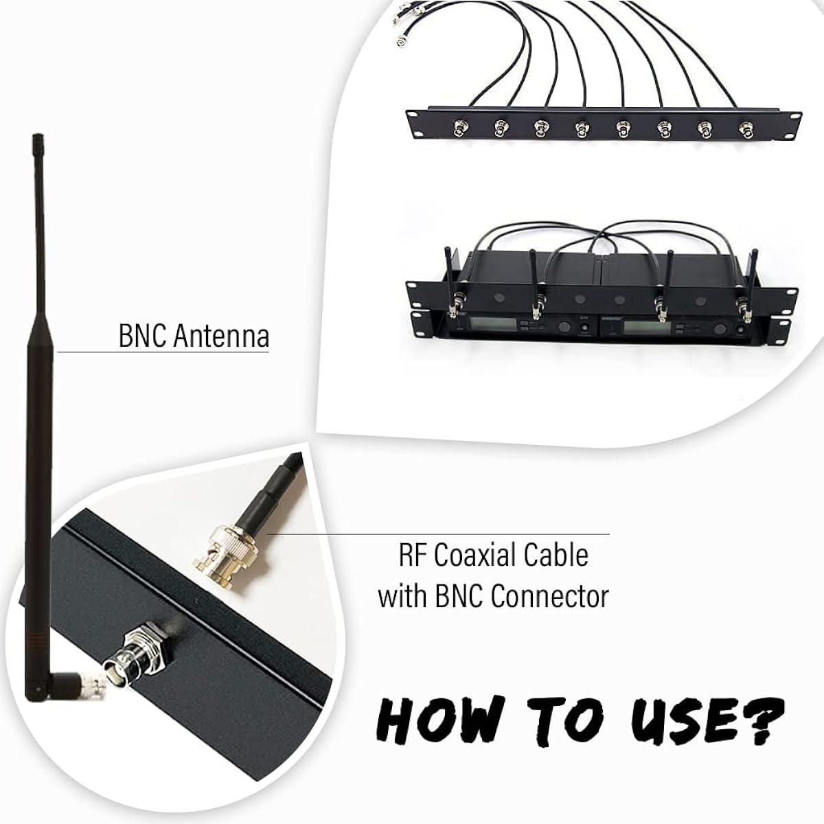 19" Wireless Microphone Antenna Relocation Distribution Front Panel for Multi-Antenna Installation and Setup on 1U EMI Cordless System 8 Bulkhead Adapter for BNC Antennas - RF Coax Cable Connection