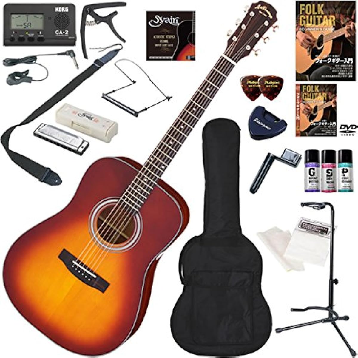 ARIA Acoustic Guitar Beginner's Set, the Ultimate 19-piece Set Including Harmonica AD-211/TS (Tobacco Sunburst)