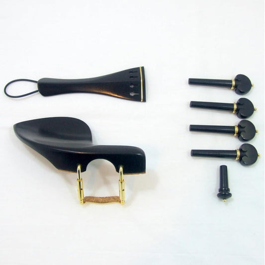 Violin 44 Ebony Gold Decoration Fitting Set Chin Rest Hill Type Tail Piece Hard Type Pegs Ebony Made in India