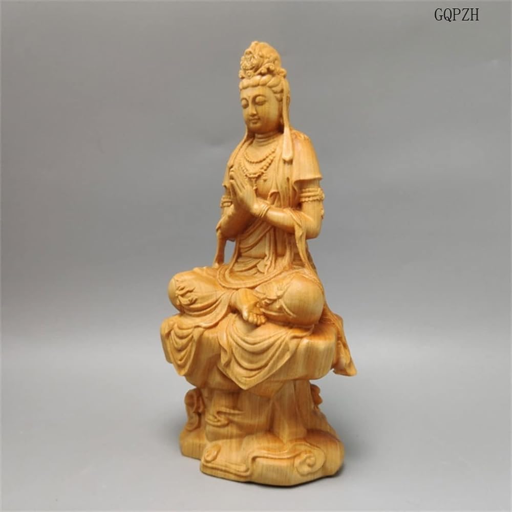 Buddha Statue, Wood Carving, Kannon Bodhisattva Statue, Wood Carving Kannon Bodhisattva Statue, Natural Cliff Oak Wooden Carving, Artwork, Kannon Statue, Feng Shui, Good Luck, Pray, Ward Off Evil (Height 15cm x Width 8cm x Depth 5.5cm)