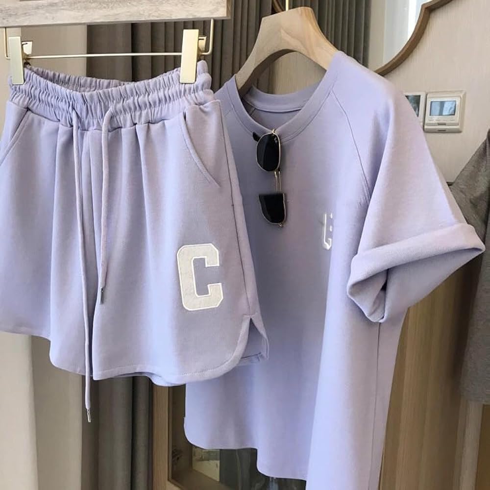 [KOREARU] Korean Clothing, Korean Fashion, Spring/Summer, Short Sleeve, 2 Piece Set, Jersey, Women's, Shorts, Top and Bottom Set, Half Sleeve Shorts, Sweatshirt, Loose Sweatshirt, Casual, Yoga, Sports, Training, Loungewear, Loose, Large Size