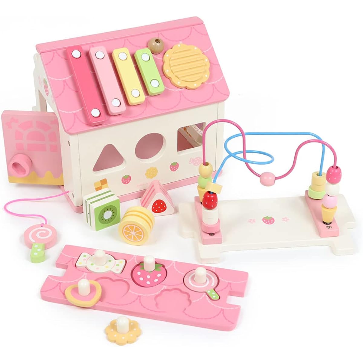Mother Garden Wooden Toy for 1.5 Years and Up, Strawberry Sweet House [Xylophone, Musical Instrument Toy, Shaped Puzzle, Key, Educational Toy, 18 Months, Cube Box, Multifunctional, Wooden, Baby Fingertip Play Toy, Makes Sound]