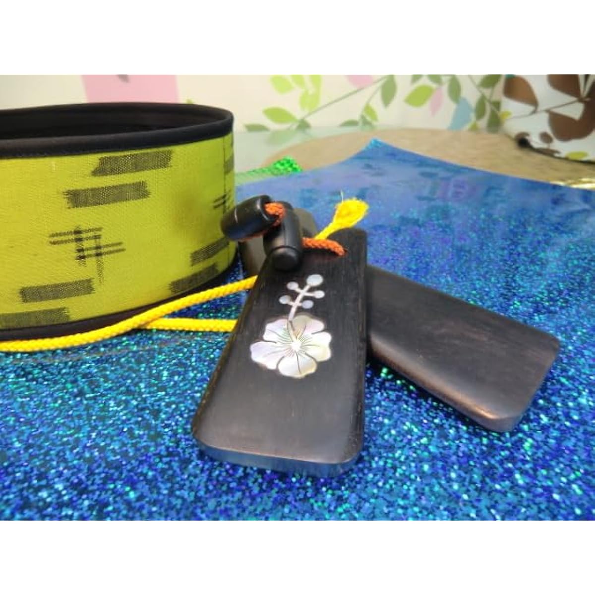 Okinawan sanshin exclusive Kasuri body wrap and Okinawan sanban Hanamado samba instrument set