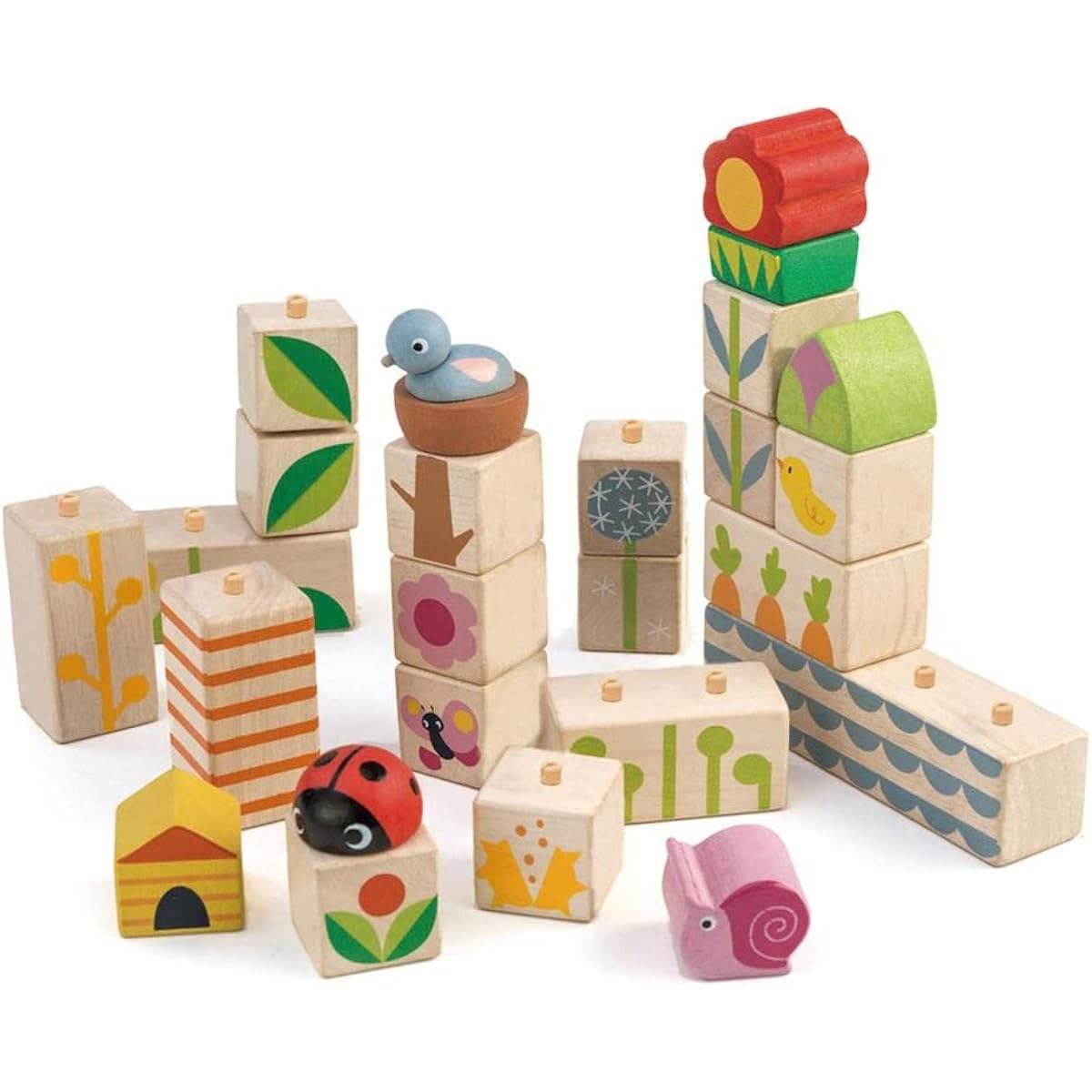 Tender Leaf Toys - 24 Piece Garden Themed Push & Click Stacking Blocks - Animal and Nature Themed Graphic Developmental Toy - Develops Strategic Thinking and Fine Motor Skills - Kids 18 Months and Up