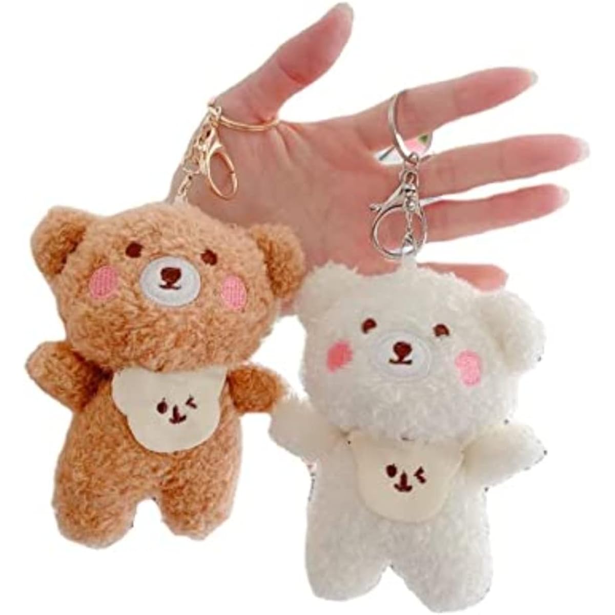 2pcs Cute Plush Bear Keychain Kawaii Fluffy Stuffed Animal Keychain Pendant Fur Wallet Backpack Handbag Charm, Beige, Small