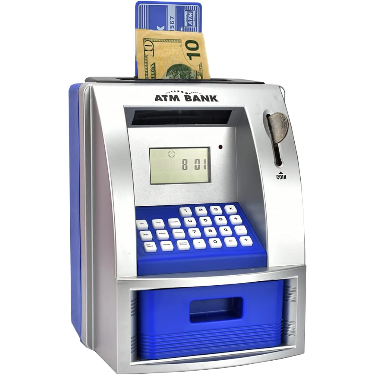 ATMBnk ATM Piggy Bank for Real Money, Digital Piggy Bank with Debit Card, Electronic Cash Box with Password Lock, Coin Recognition, Targeting, Voice Prompts, Great Gift for Kids (Blue) One Size