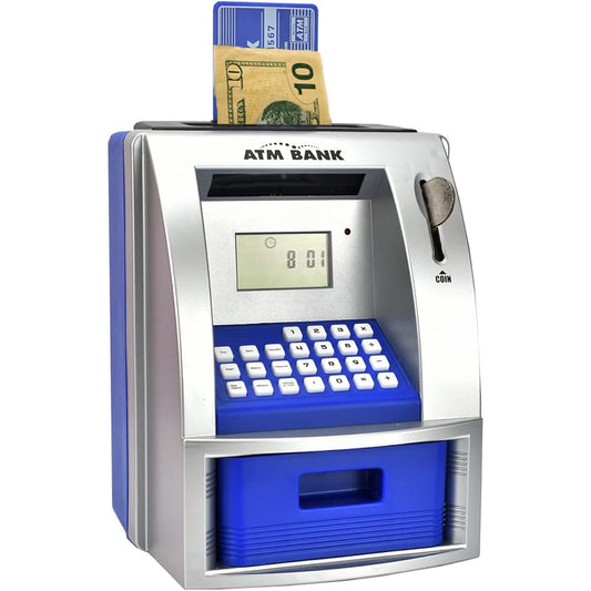 ATMBnk ATM Piggy Bank for Real Money, Digital Piggy Bank with Debit Card, Electronic Cash Box with Password Lock, Coin Recognition, Targeting, Voice Prompts, Great Gift for Kids (Blue) One Size