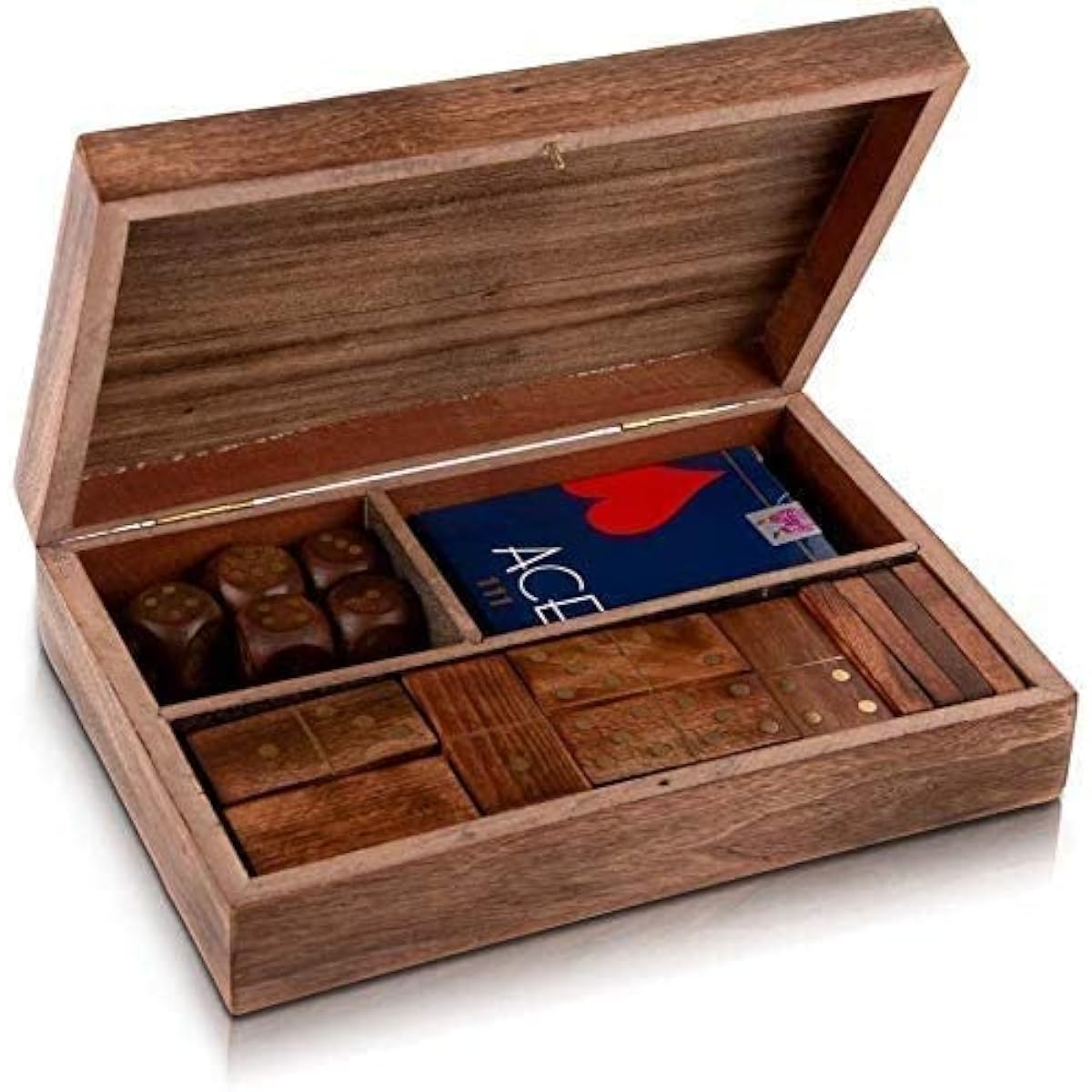 Great Gift Idea Wooden Playing Card Box with 5 Dice & 28 Domino Tiles Game Set Deck Pack Case Holder Storage Accessories with Organizer Playing Cards Classic Table Games
