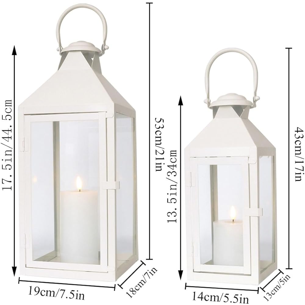 JHY DESIGN Set of 2 Candle Holders Height 45/24cm Retro Style Metal Candle Lantern Stylish Indirect Lighting Windproof Antique Candle Stand Indoor/Outdoor Lighting Stylish Interior Goods Bar Office Room Wedding Birthday Christmas Present (White)