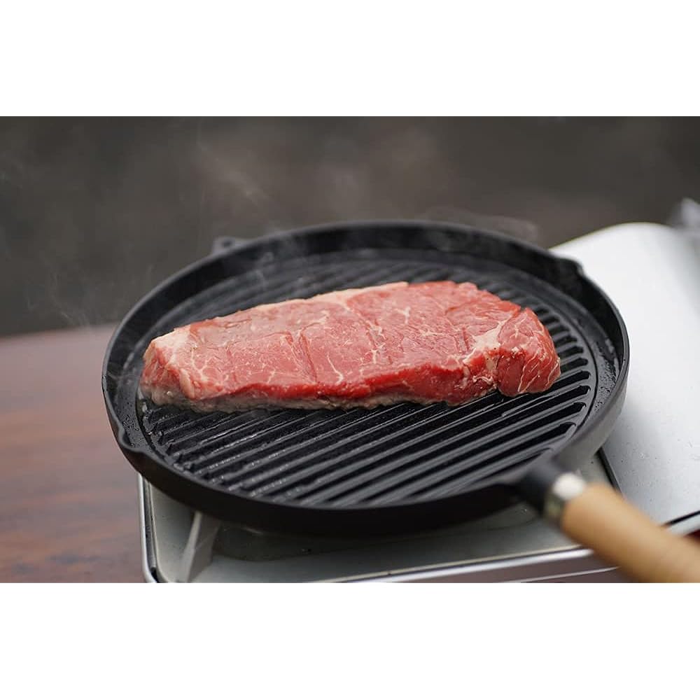 Ikenaga Ironworks Grill Pan, Cast Iron, IH/Gas Fire, Wooden Handle Plate, Meat Dishes, Steak, Grilling Grain, 26.4cm, Outdoor, Iron Replenishment