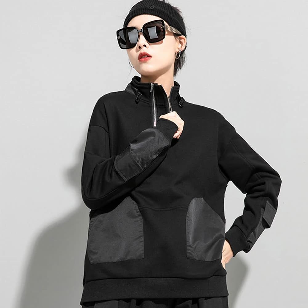 [Molineau] Pullover Sweatshirt, Women's Top, High Neck, Henley Neck, Different Materials, Switching, Zipper, Fashion, V Style, Mode Style, Streetwear, Spring, Autumn