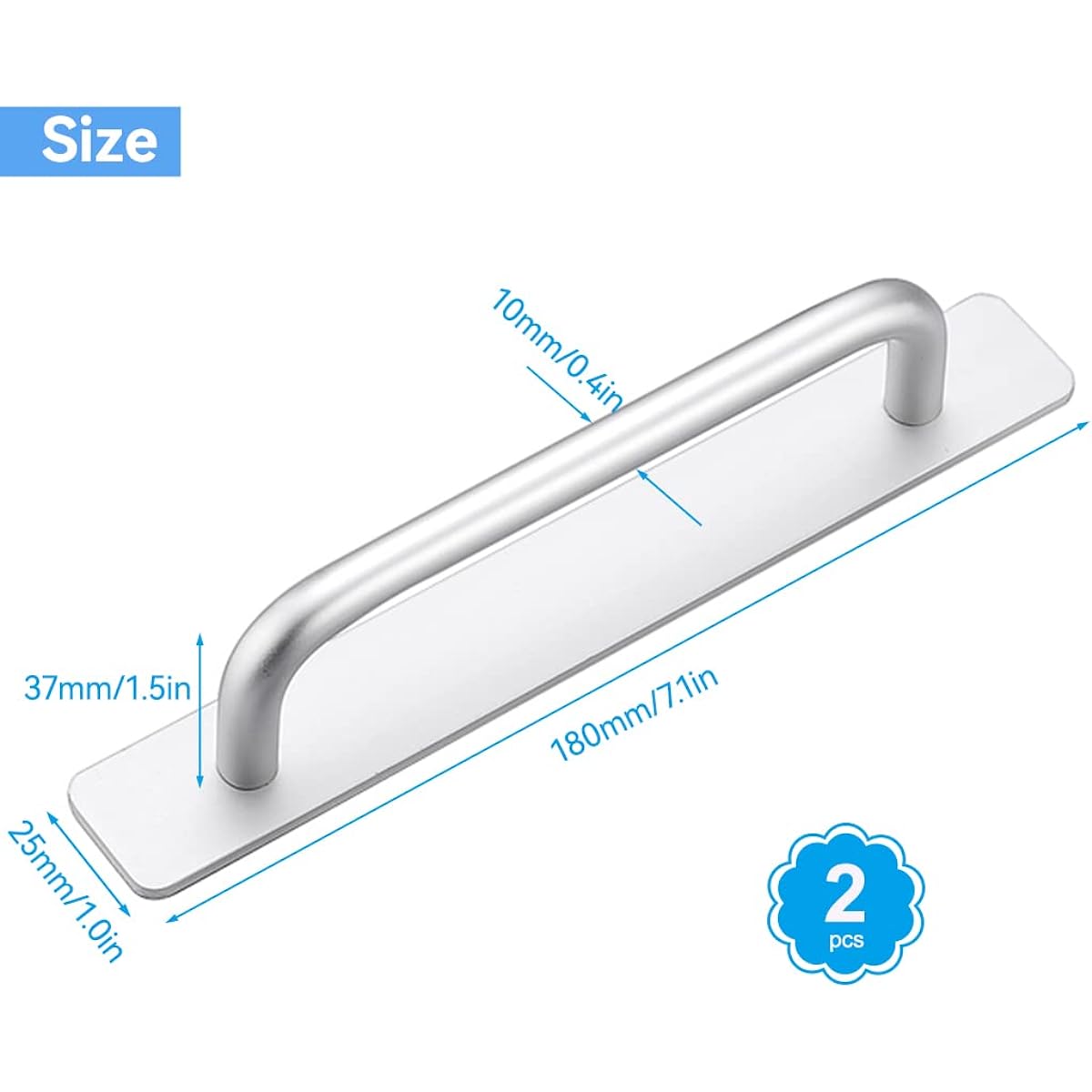 2 Self-Adhesive Furniture Handles, 180 mm Aluminum Cabinet Handle, for Kitchen, Bedroom, Sliding Door (Silver)