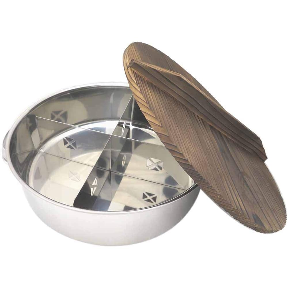 Endo Shoji Polished TKG Oden pot, round shape, with wooden lid, diameter x height (mm) 330 x 100, mass (g) 450, rust resistant and hygienic with stainless steel, convenient with partitions, commercial use EOD01 Silver