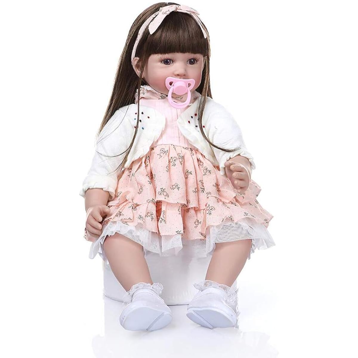 Pinky Reborn Baby Doll 60 Cm Handmade Real Reborn Baby Girls Blonde Curly Hair Realistic Baby Doll Soft Silicone Baby Toy Christmas Gift, Magnetic Mouth