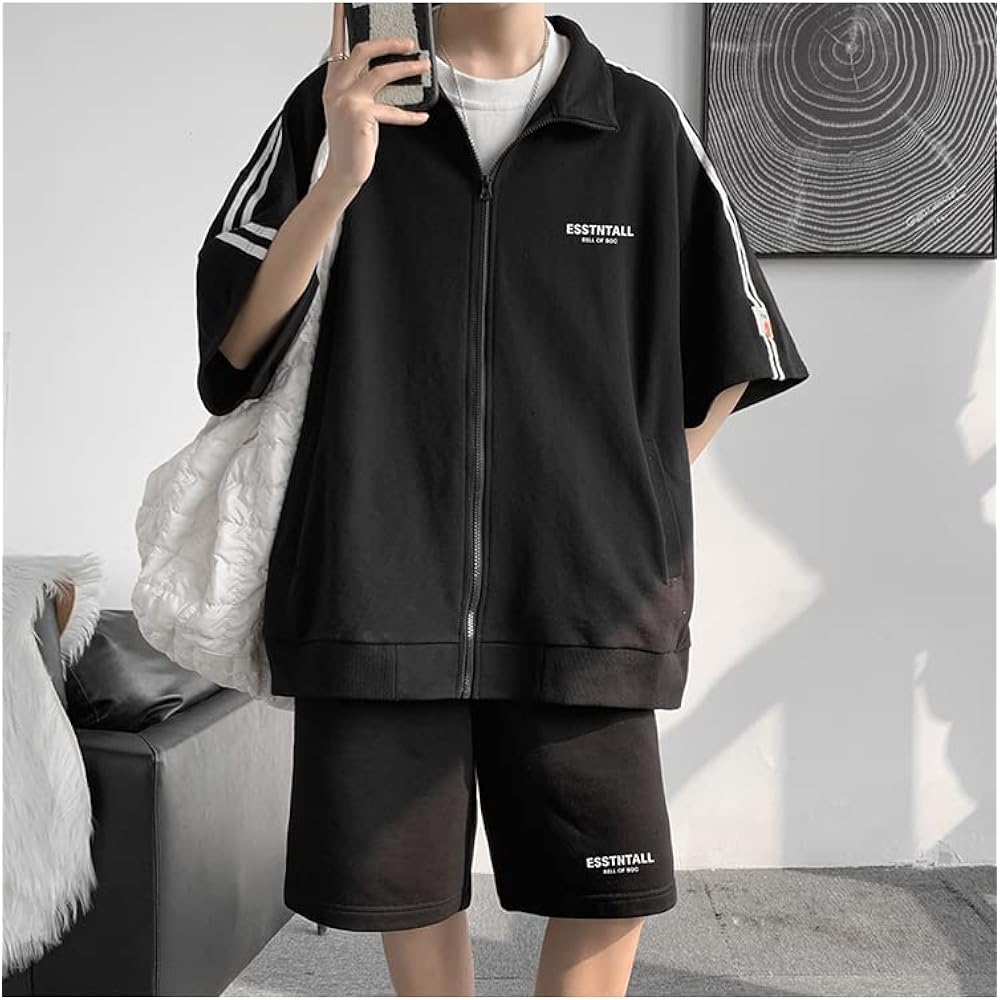 [ANGELCITY] Summer Short Sleeve Jersey, Men's Sweatshirt, Top and Bottom Set, Plain, Half Sleeves, Shorts, Setup, Open Front, Zipper Top, Shot Pants, 2 Piece Set, Summer Clothes, Autumn Clothes, Sportswear, Loungewear, Running Wear, Large Size L283