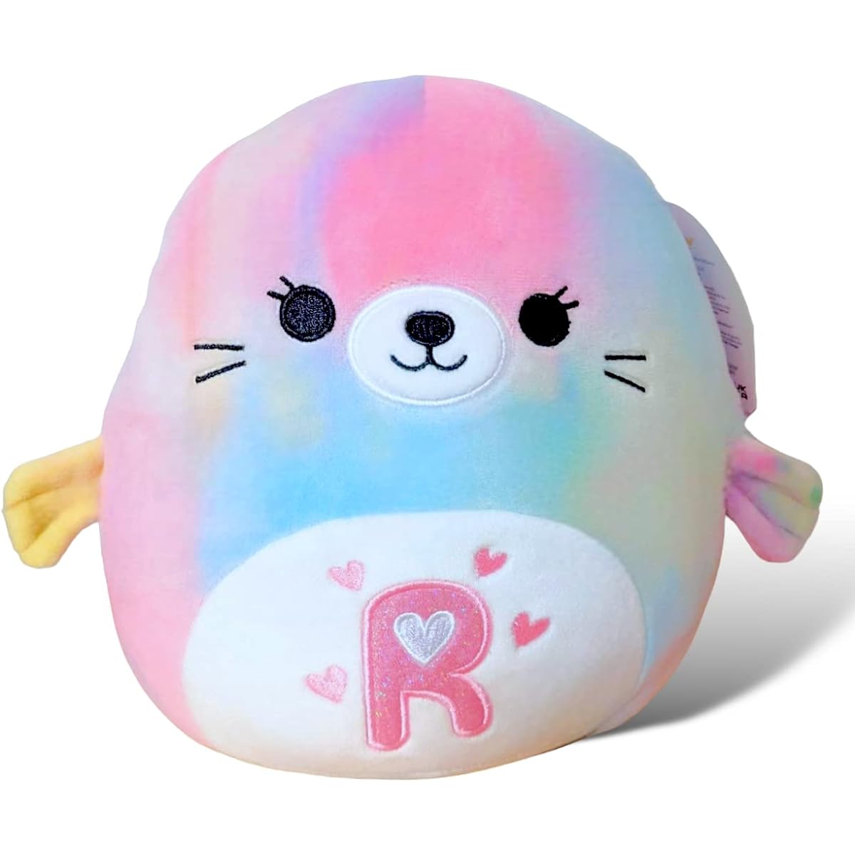 Squishmallows Official Kellytoy 8" AleSeal Rainbow Tie Dye Plush with Monogrammed R on Belly Valentine Squad 2023 Plush Toy